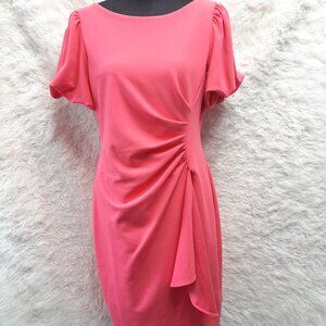 DKNY Women's Pink Petite Ruched Side V-Neck Short Sleeve Dress